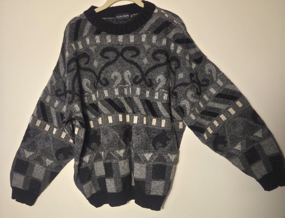 Nani Bon Wool Mohair Blend Sweater Men’s 56 XXL Monochrome Gray Black Italy